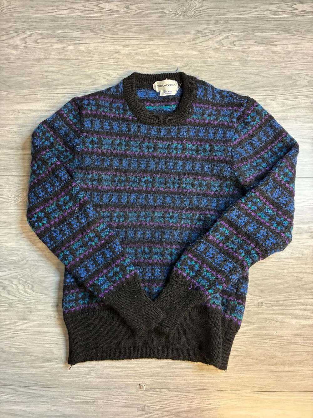 Sierra Woolens Vintage Fair Isle Sweater Size M Black Blue Purple Knit Pullover